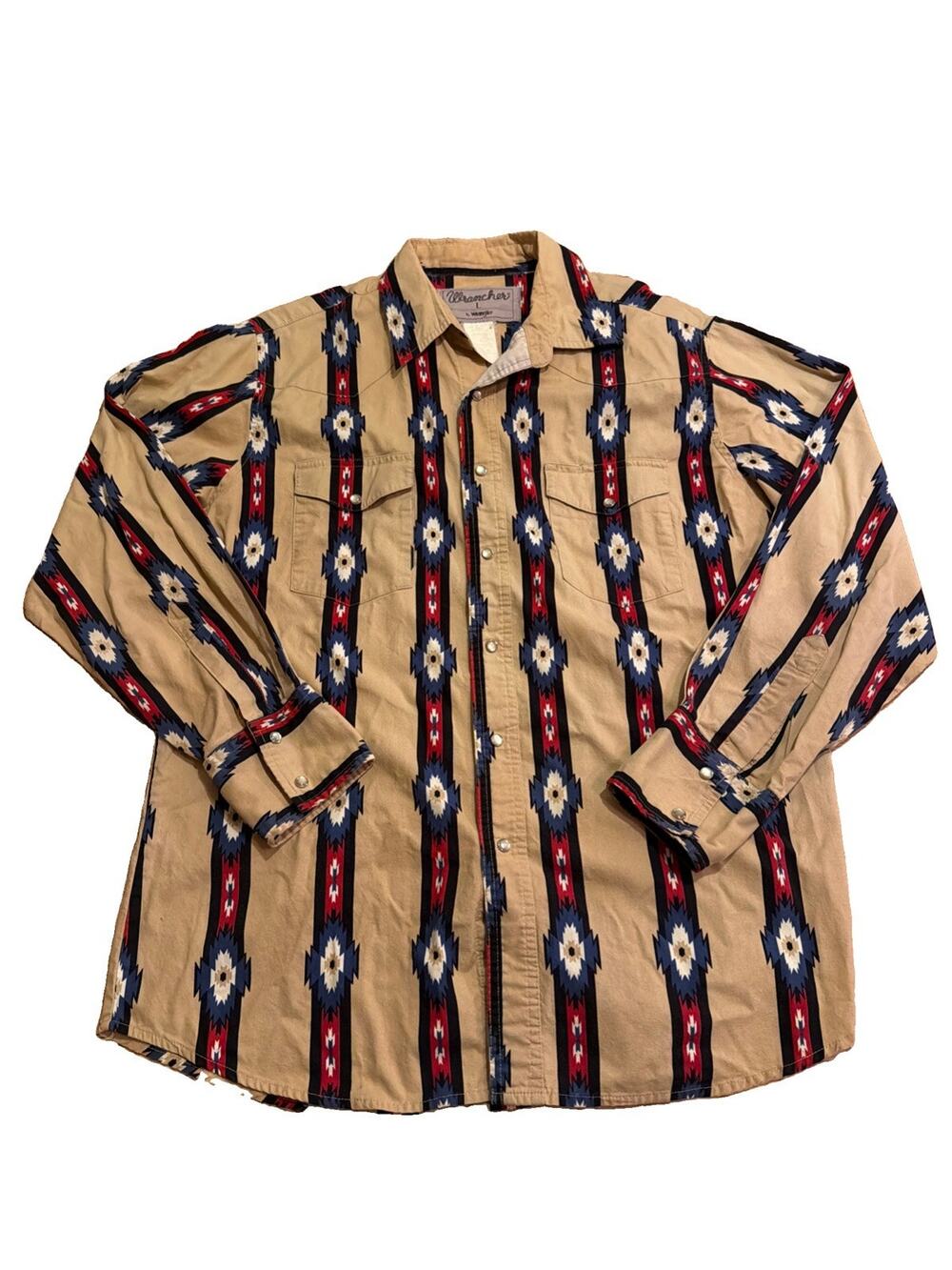 Wrangler Western Shirt Mens L Tan Aztec Striped Cowboy Pearl Snap Brushpopper